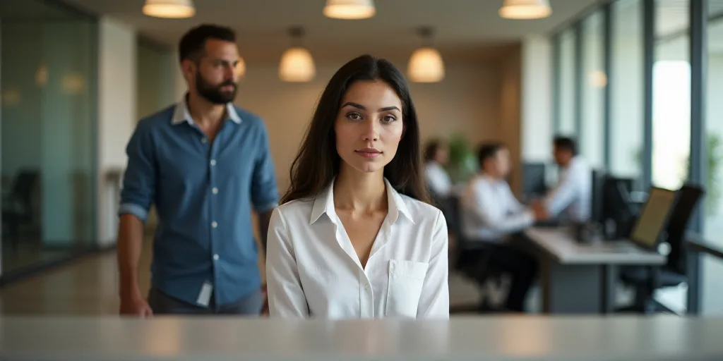 a woman is sitting at a reception desk with a man standing behind her and a woman standing behind he