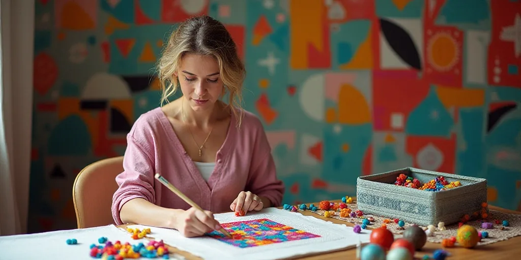 a woman is sitting at a table with a box of beads and a colorful object in front of her, Aquirax Uno