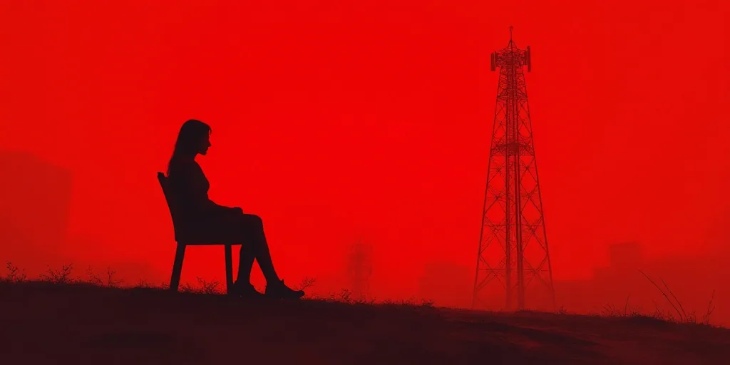 a woman is sitting in a chair in front of a red background and a cell phone tower in the background,
