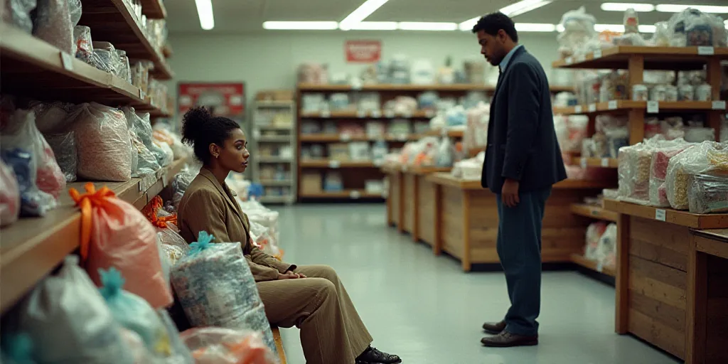 a woman is sitting in a store with a large pile of bags of items in front of her and a man standing