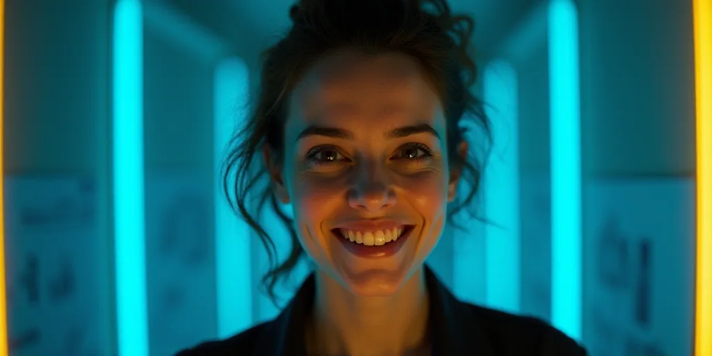 a woman is smiling for a picture with a blue background and a yellow border around her is the captio