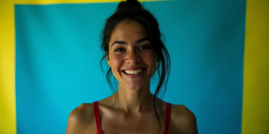 a woman is smiling for a picture with a blue background and a yellow border around her is the captio