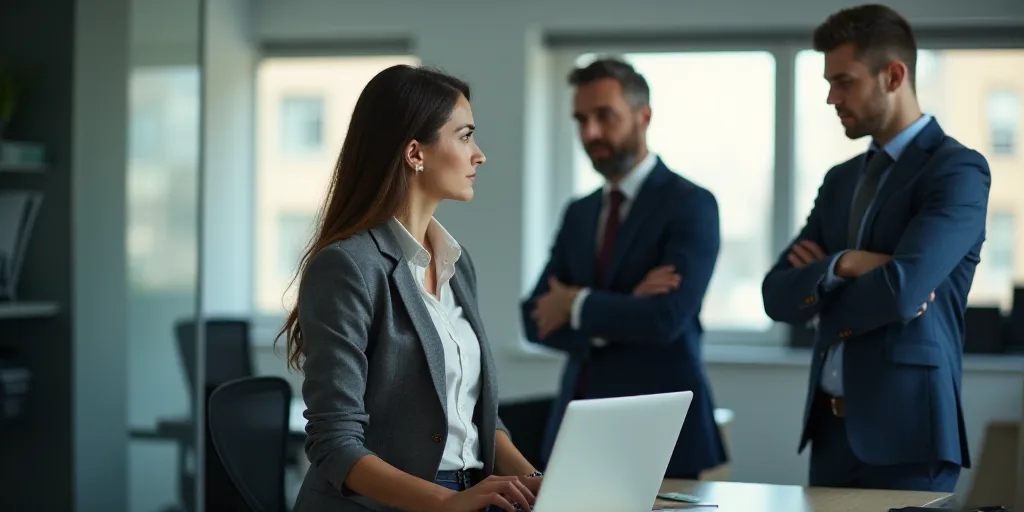 a woman is standing at a desk with a laptop computer and a printer in front of her and two men behin