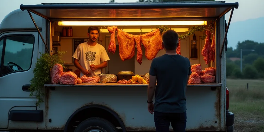 a woman is standing in front of a food truck with meat on display in it and a man is standing behind