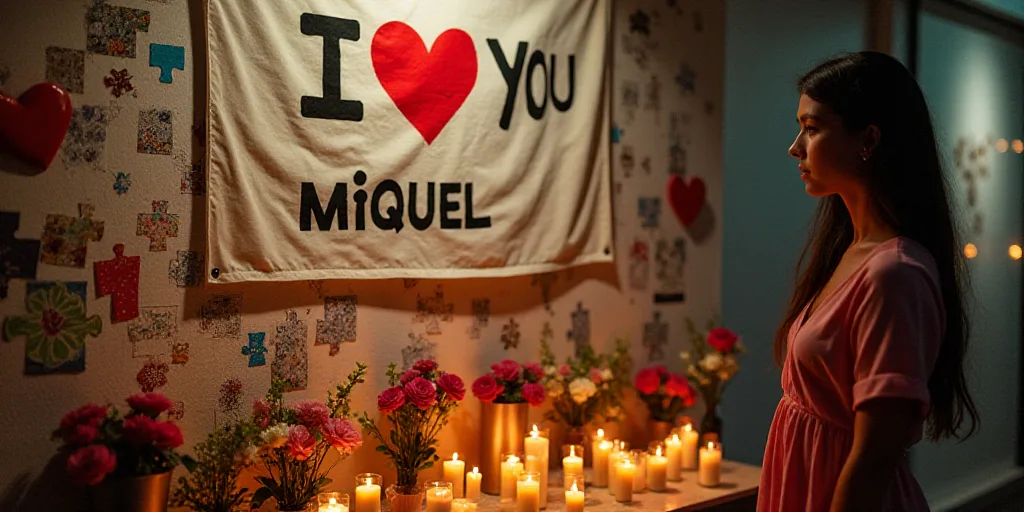 a woman is standing next to a wall of candles and flowers and a flag that reads, i love you, miguel,