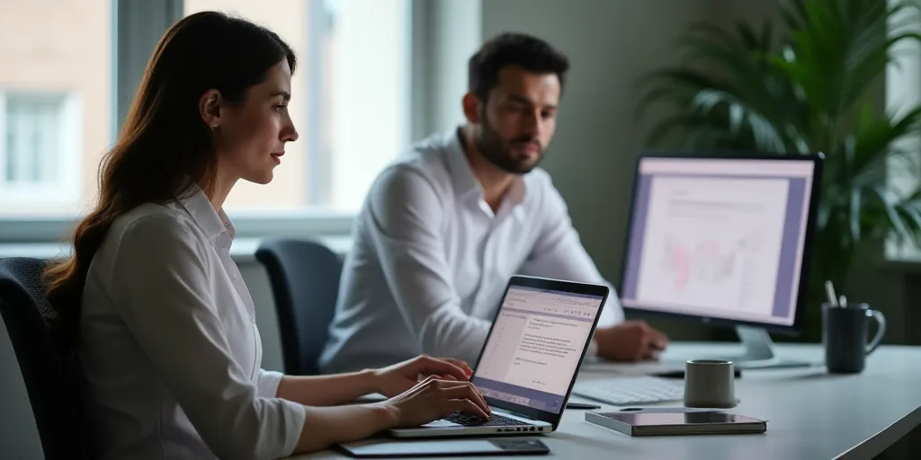 a woman is using a laptop computer at a desk with a man in a white shirt and a woman in a white shir