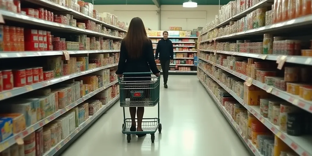 a woman is walking down a grocery aisle with a shopping cart in front of her and a man in the backgr