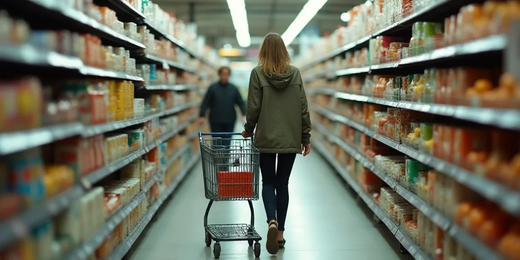 a woman is walking down a grocery aisle with a shopping cart in front of her and a man in the backgr