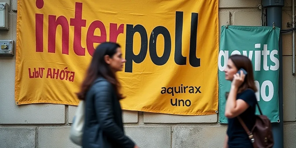a woman is walking past a flag in front of a sign that says interpoll on it and a woman is talking o