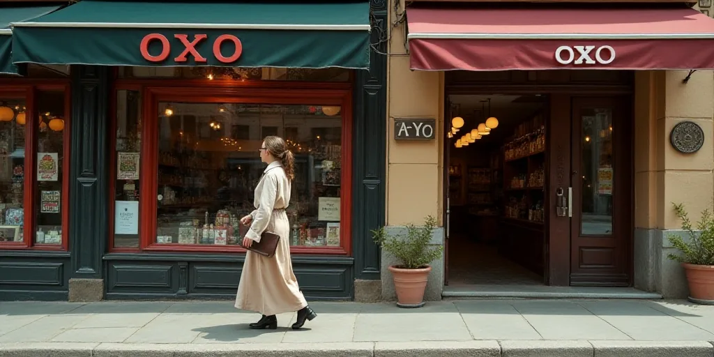 a woman is walking past a store with a sign that says oxo on it and a woman is walking past a store