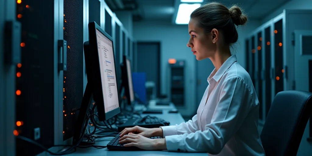a woman is working on a computer in a server room with many wires and wires on the walls and a compu