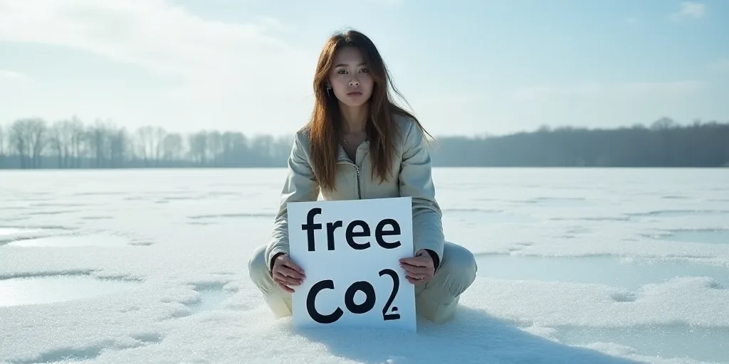 a woman kneeling down in a field with a sign in front of her that says free co2 on it, David LaChape