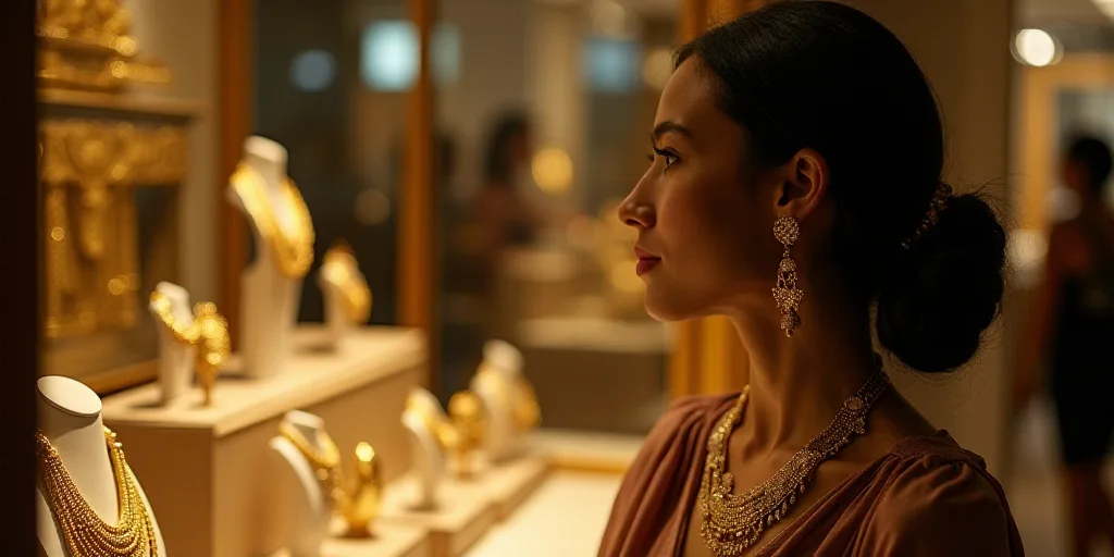 a woman looking at a display of gold jewelry in a store window with a woman looking at it in the bac