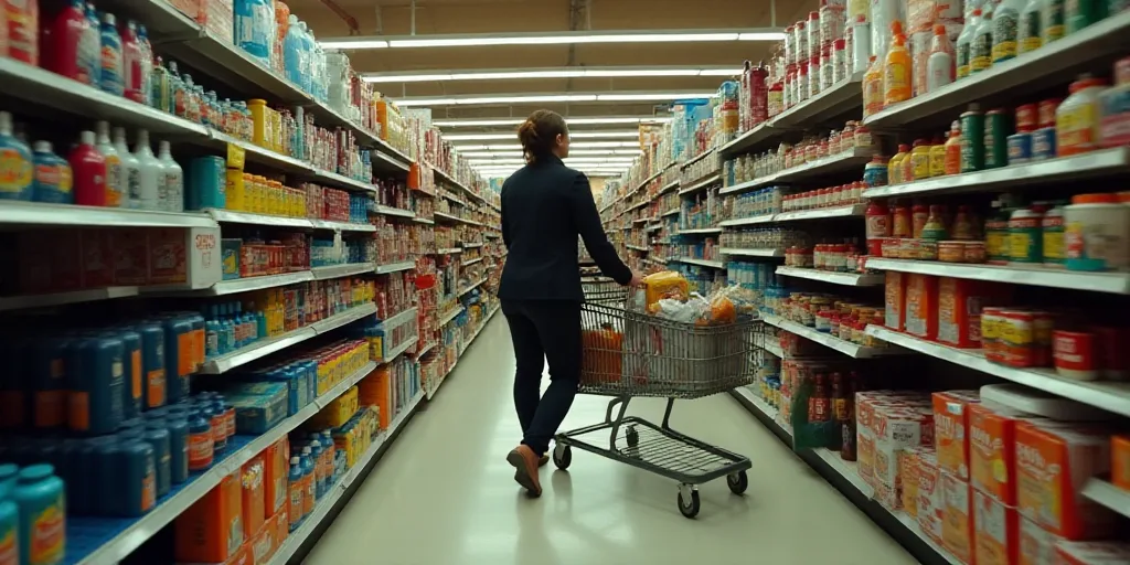 a woman pushing a shopping cart in front of a store filled with supplies and supplies for sale in fr