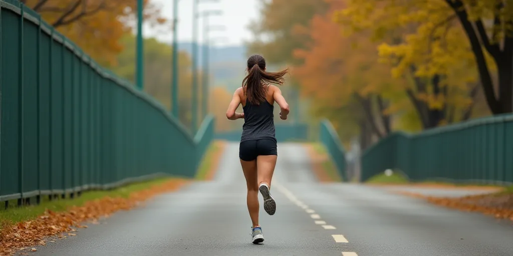 a woman running down a street with a fence in the background and a street light in the foreground, A