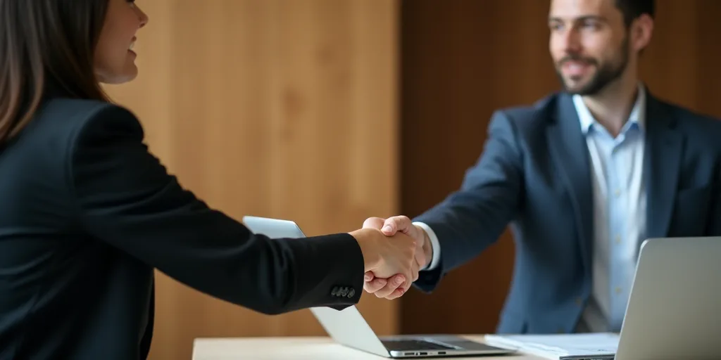 a woman shaking hands with a man in a suit in a room with wooden walls and a laptop on a table, Clai