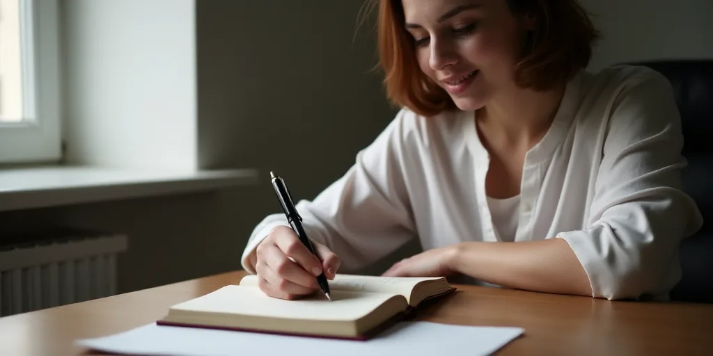 a woman sitting at a desk with a notebook and pen in her hand and a book in her lap, Araceli Gilbert