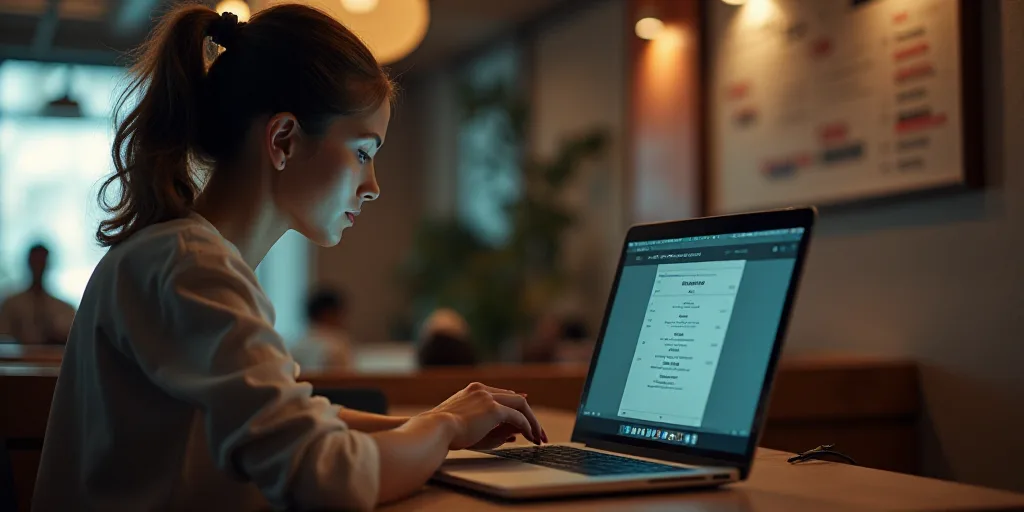 a woman sitting at a desk with a laptop and a keyboard in front of her, with a menu on the wall behi