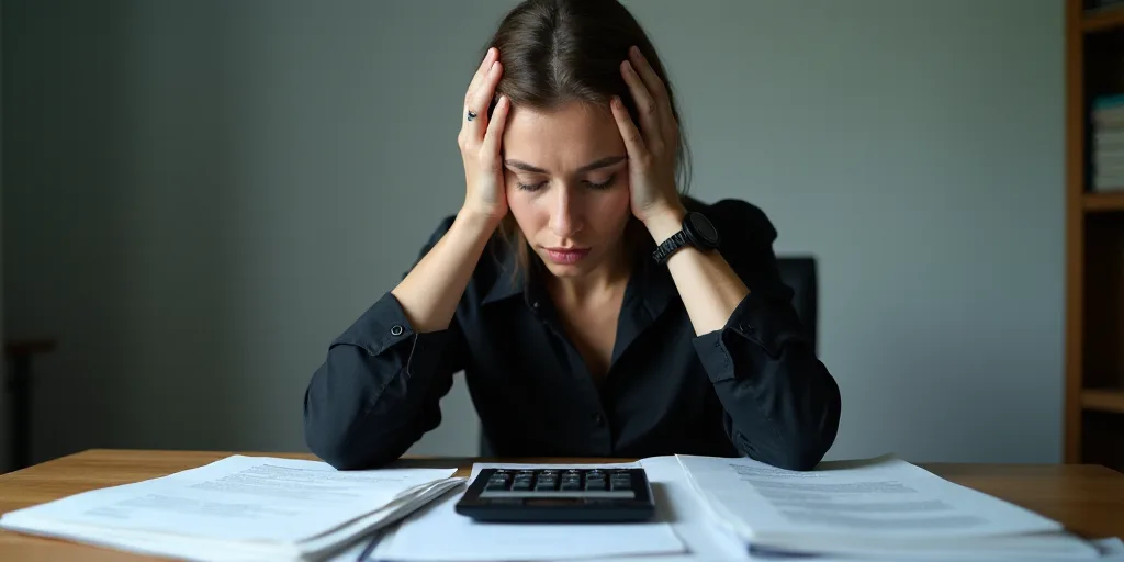 a woman sitting at a desk with papers and calculator in front of her head and hands on her head, Avg