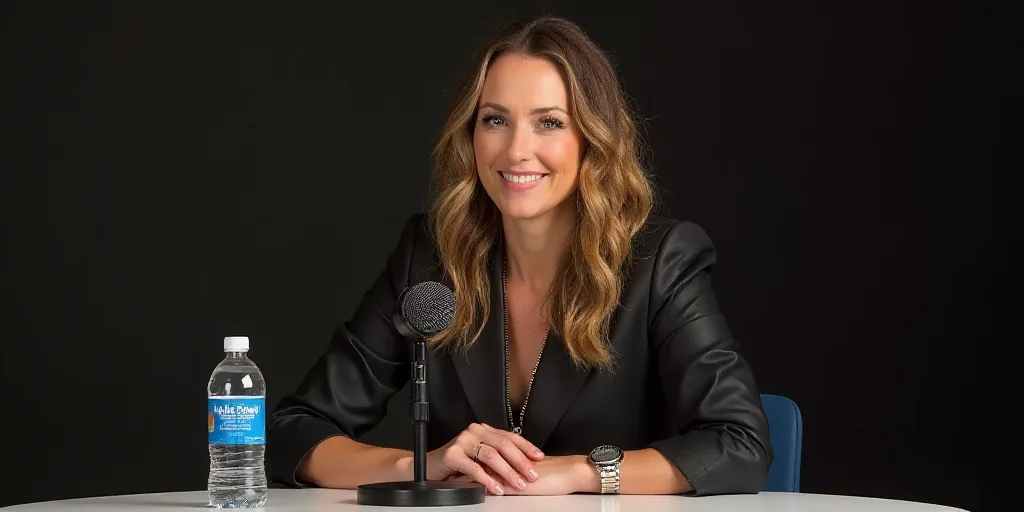 a woman sitting at a table with a microphone in front of her and a bottle of water behind her, Amy W