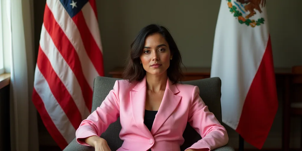 a woman sitting in a chair in front of two flags and a chair with a woman in a pink suit, Araceli Gi