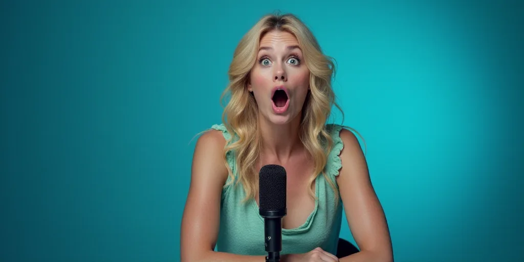 a woman sitting in front of a microphone with a surprised look on her face and a blue background beh