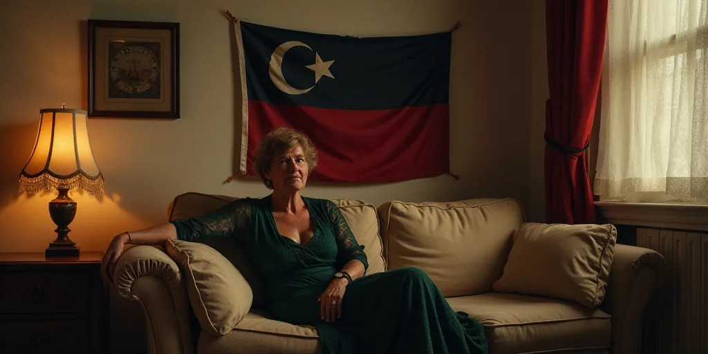 a woman sitting on a couch in a room with a flag on the wall behind her and a lamp on the table, Flo