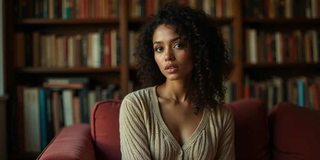a woman sitting on a couch in front of a book shelf with books on it and a book case behind her, Ara