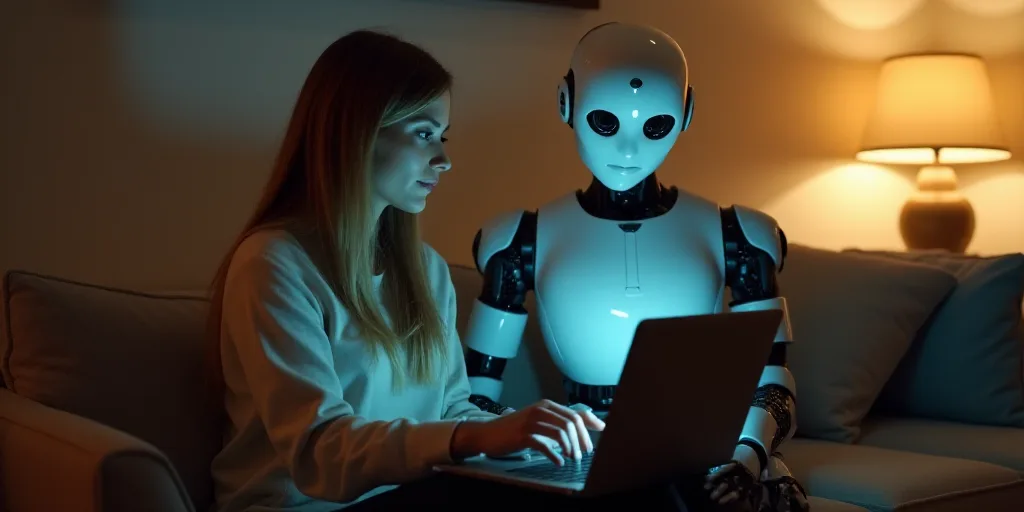 a woman sitting on a couch next to a robot on a laptop computer in a living room with a lamp on, Bee