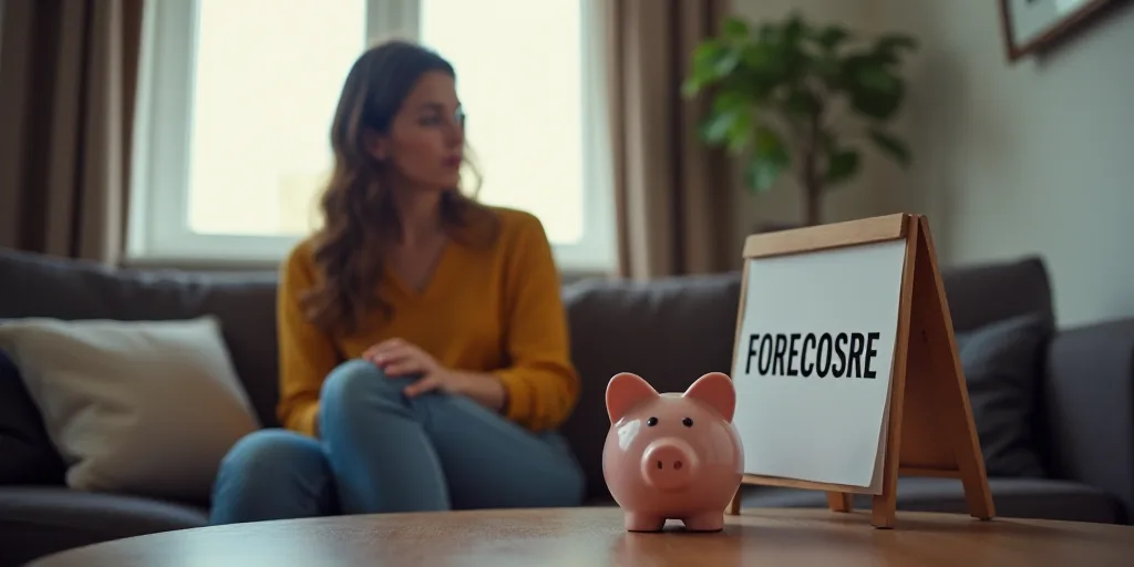 a woman sitting on a couch with a piggy bank in front of her and a foreclosure sign, Avgust Černigo