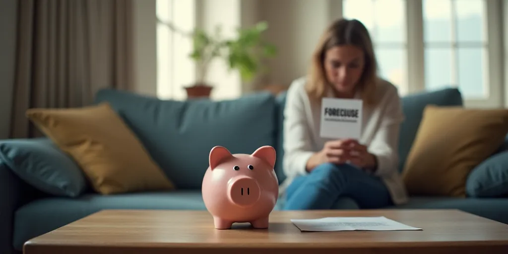 a woman sitting on a couch with a piggy bank in front of her and a foreclosure sign, Avgust Černigo
