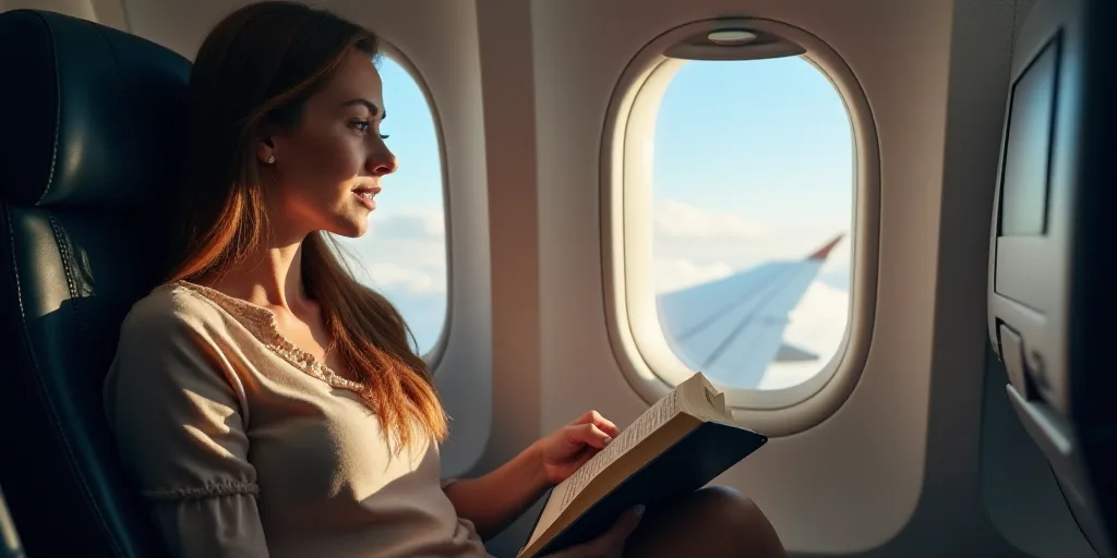 a woman sitting on an airplane reading a book and looking out the window at the clouds below her is