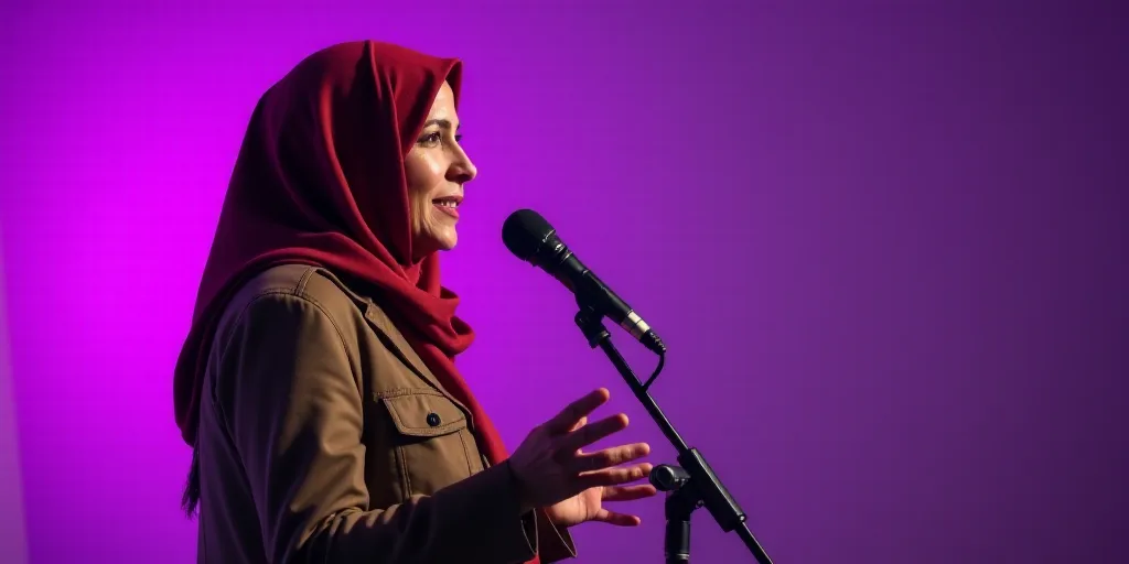 a woman speaking into a microphone while wearing a brown jacket and a red scarf on her head and a pu