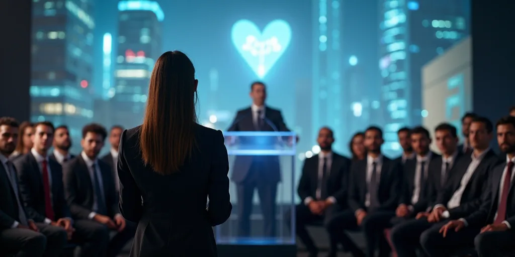 a woman standing at a podium in front of a crowd of people in suits and ties, with a man speaking, A