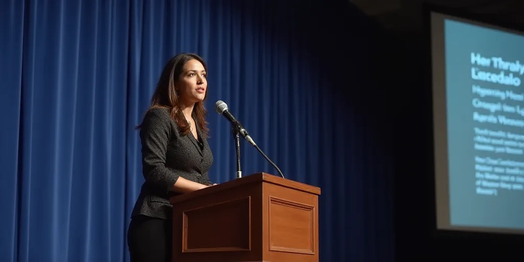 a woman standing at a podium in front of a screen with information on it and a microphone in front o