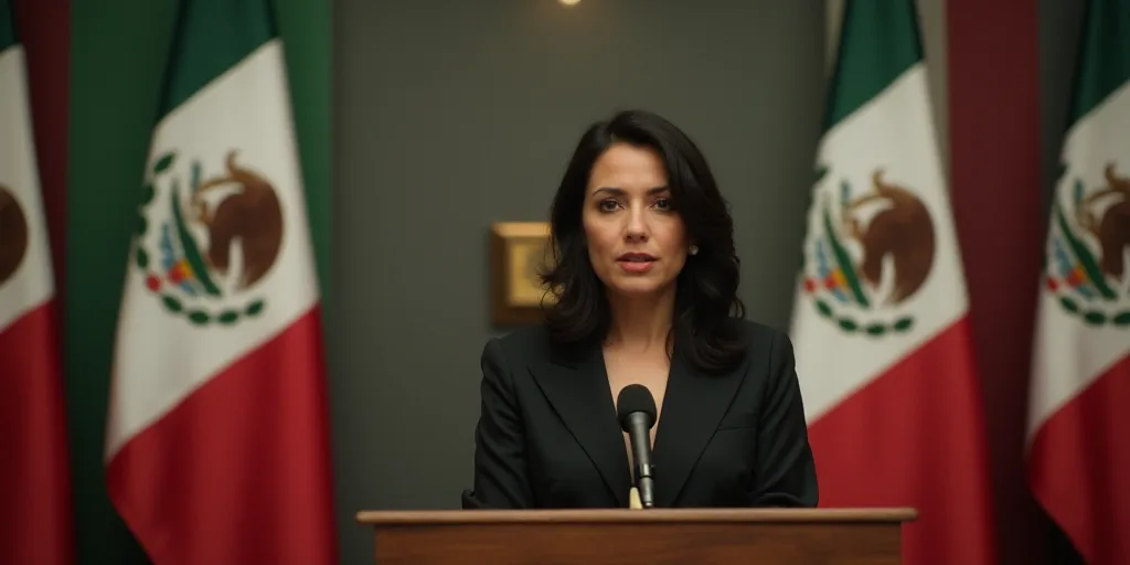 a woman standing at a podium in front of flags of mexico and mexico on a wall behind her is a microp