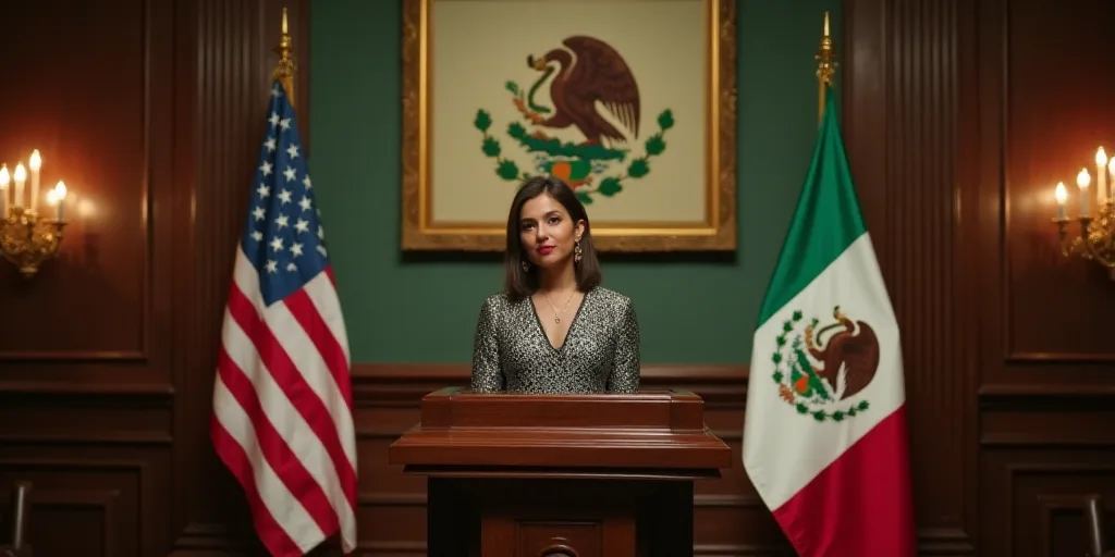 a woman standing at a podium in front of flags and a painting of a mexican eagle on the wall, Aracel