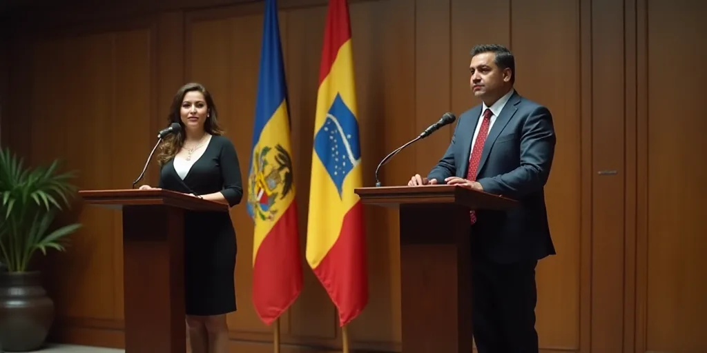 a woman standing at a podium in front of a flag and a man standing behind a podium with a flag, Estu