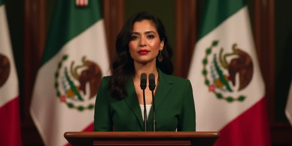 a woman standing at a podium in front of flags of mexico and mexico, with a microphone in front of h