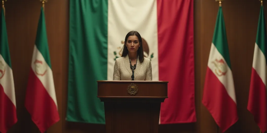 a woman standing at a podium in front of flags and a flag banner behind her is a mexican flag, Arace