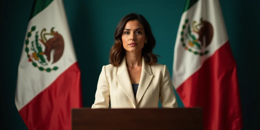 a woman standing at a podium in front of two flags and a flag behind her is a mexican flag, Araceli