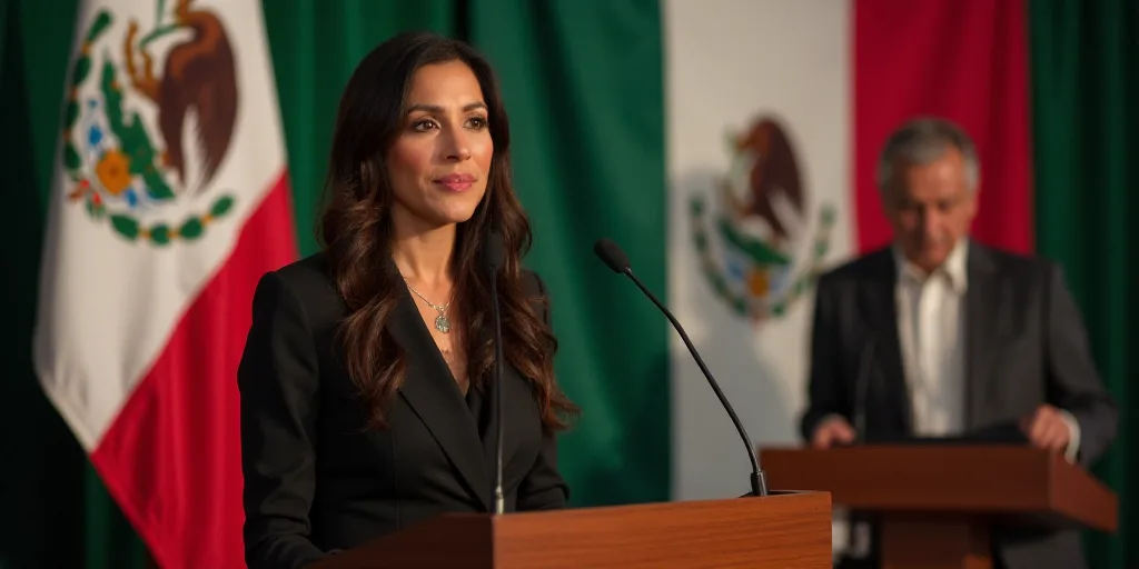a woman standing at a podium in front of a flag and a poster of a mexican president and a woman stan