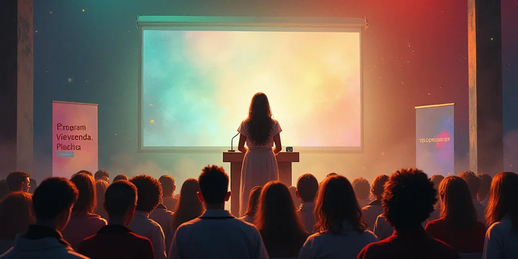 a woman standing at a podium in front of a crowd of people in front of a sign that reads programa vi