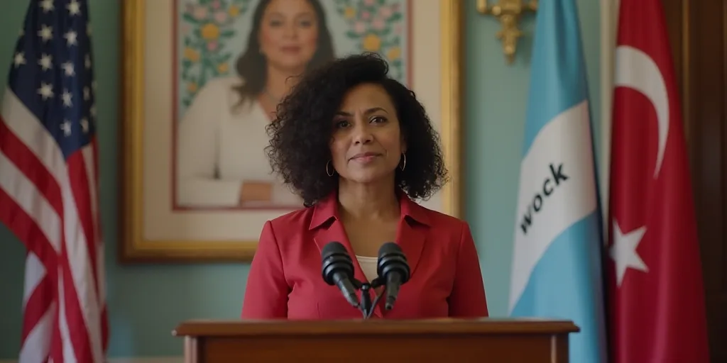 a woman standing at a podium in front of a flag and a sign with a picture of a woman, Araceli Gilber