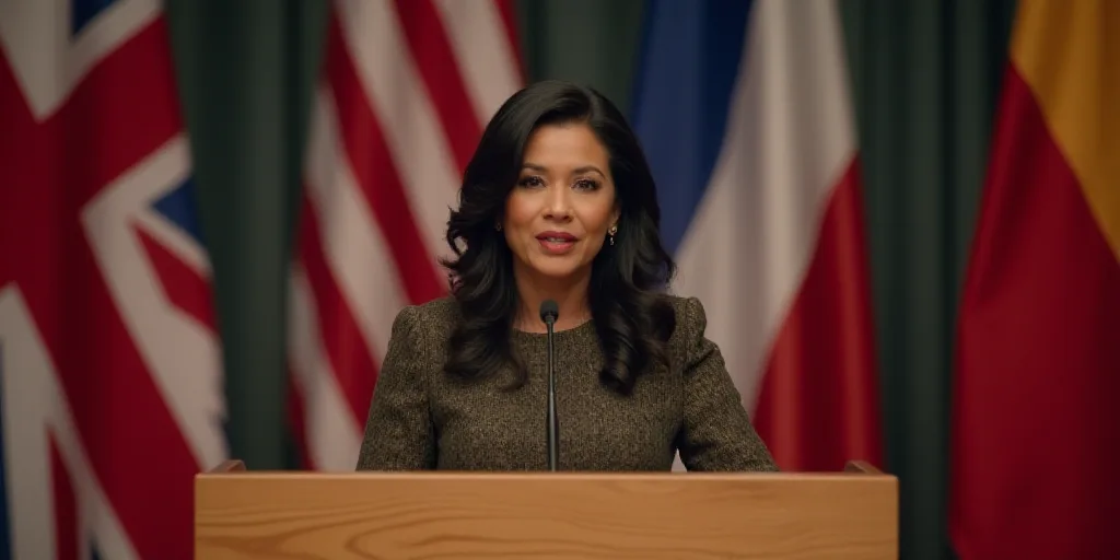 a woman standing at a podium in front of flags and a flag behind her is a microphone with a micropho