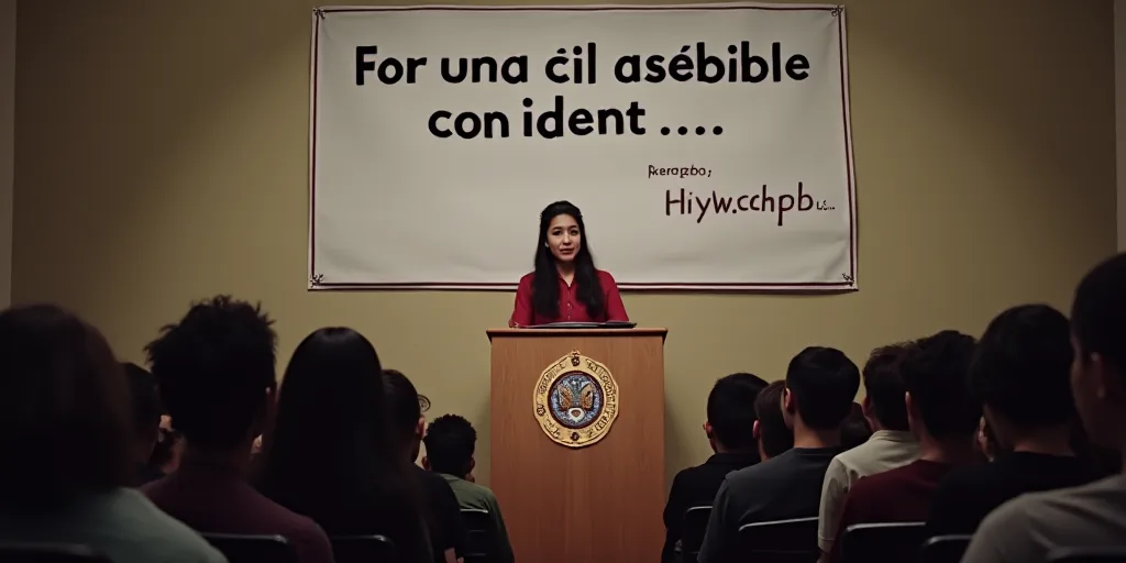 a woman standing at a podium in front of a crowd of people in front of a sign that says, for una cil