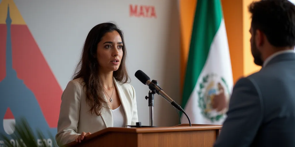 a woman standing at a podium in front of a banner and a microphone in front of her is a man with a f