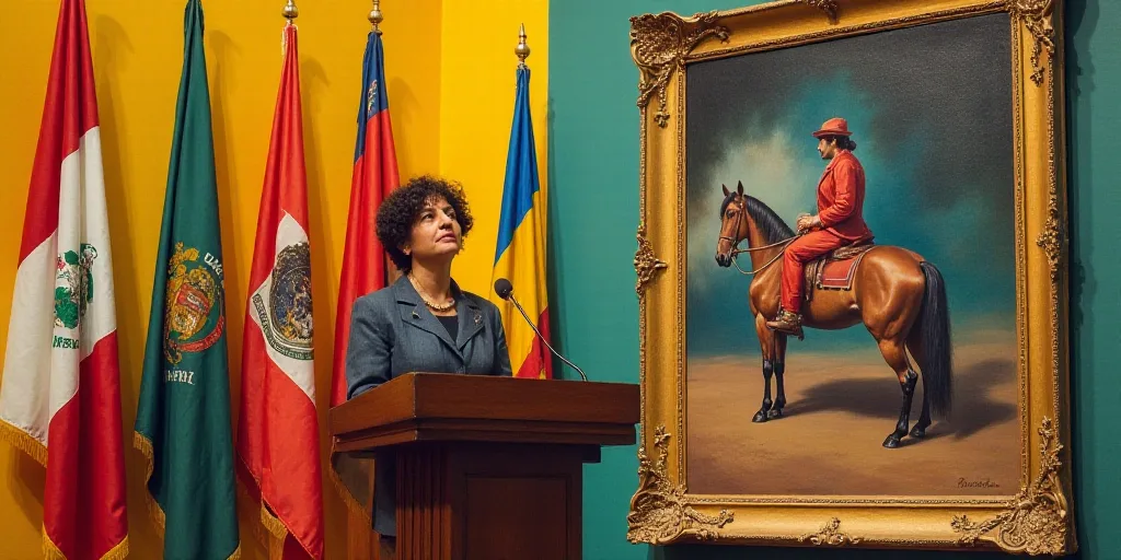 a woman standing at a podium in front of flags and a painting of a woman with a horse on the wall, D