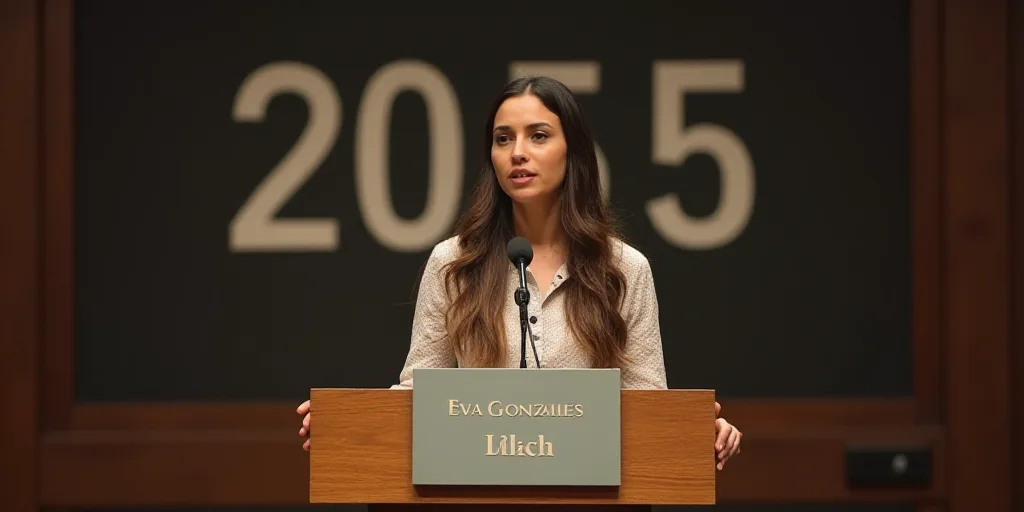 a woman standing at a podium with a microphone in front of her and a sign behind her that says 2055,