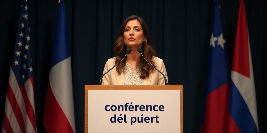 a woman standing at a podium with a microphone in front of her and a sign behind her that says confe